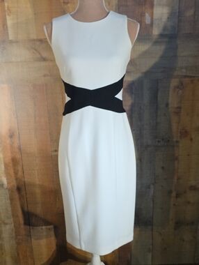 Vince Camuto White Midi Sheath Dress with Black Waist Accent